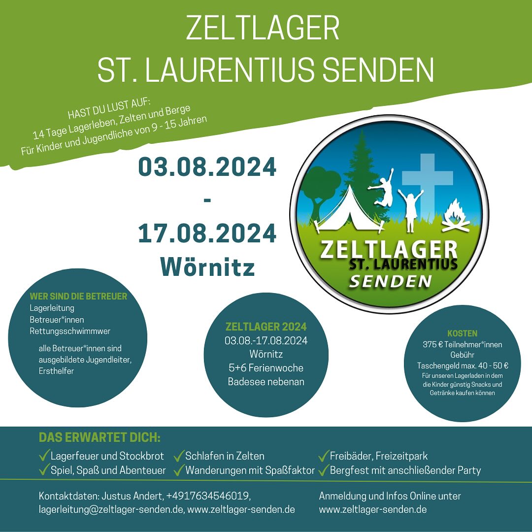 Sicher dir noch einen der letzten Plätze 🏕️☀️
Alle Infos findest du in dem Link in der Bio.
#zeltlager #stlaurentius #senden #wörnitz