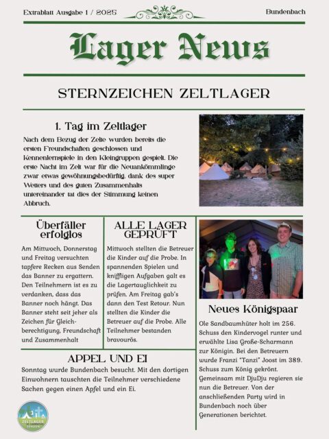 Lager News 🗞️

Ein kleiner Recap der ersten Woche 🏕️

#zeltlager #senden #stlaurentius #bundenbach